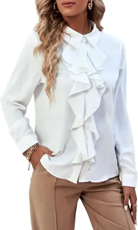 LYANER Women's Collar Neck Button Down Ruffle Front Long Sleeve Blouse Shirt Top