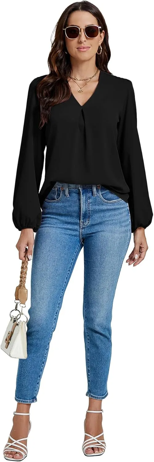 LYANER Women's V-Neck Long Sleeve Solid Tee Shirt Blouse Top