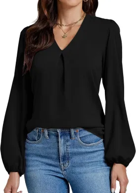 LYANER Women's V-Neck Long Sleeve Solid Tee Shirt Blouse Top