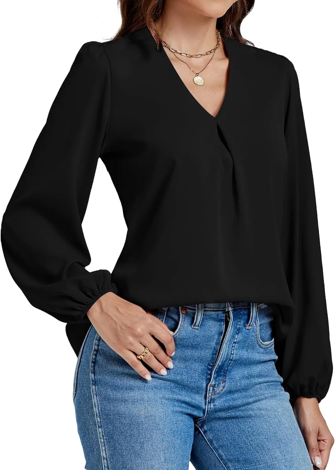 LYANER Women's V-Neck Long Sleeve Solid Tee Shirt Blouse Top