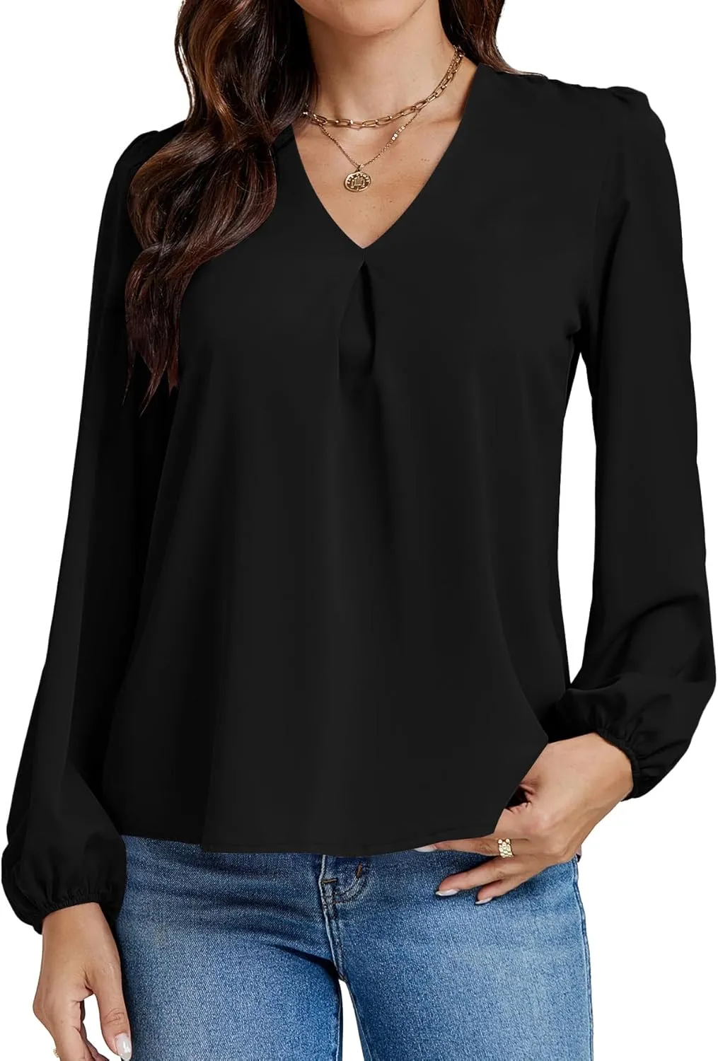 LYANER Women's V-Neck Long Sleeve Solid Tee Shirt Blouse Top