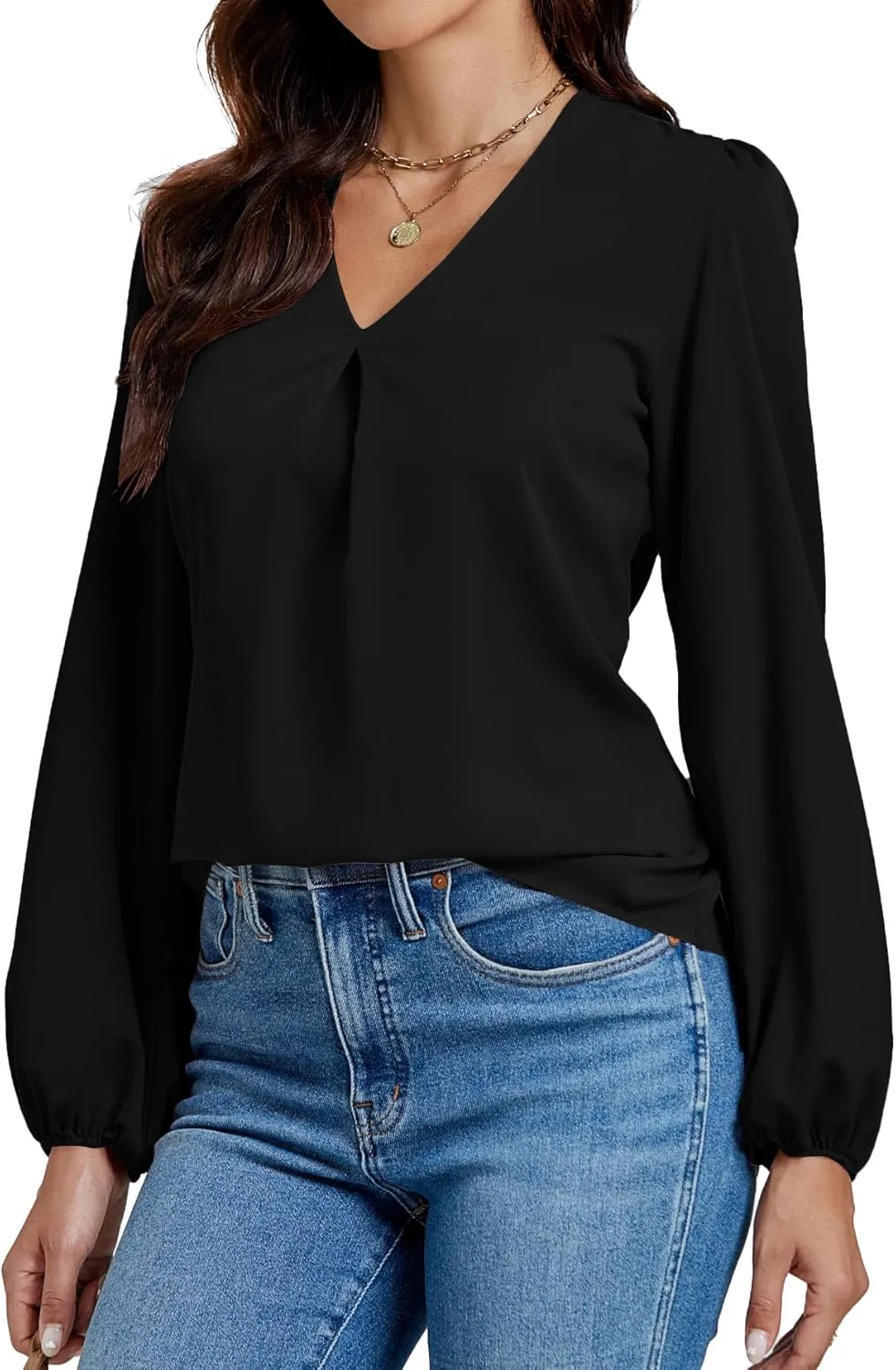 LYANER Women's V-Neck Long Sleeve Solid Tee Shirt Blouse Top