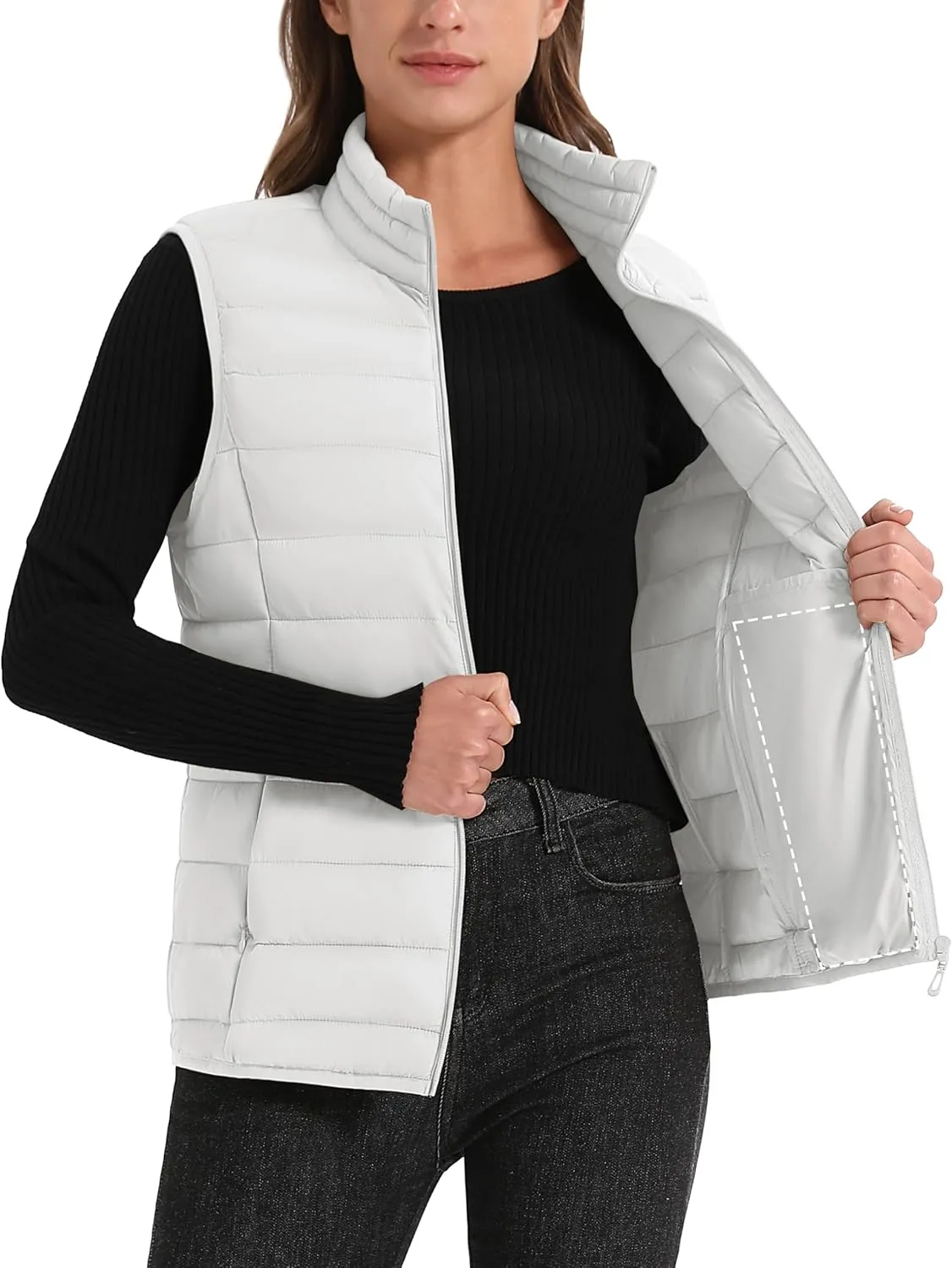 MAGCOMSEN Women's Puffer Vest Lightweight Stand Collar Zip 4 Pockets Puffy Vests Sleeveless Quilted Padded Outerwear