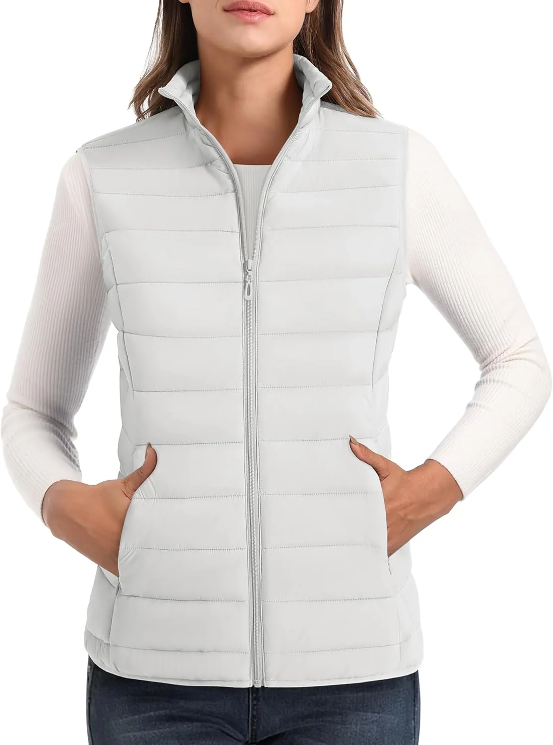 MAGCOMSEN Women's Puffer Vest Lightweight Stand Collar Zip 4 Pockets Puffy Vests Sleeveless Quilted Padded Outerwear