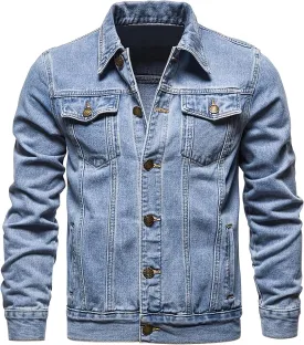 Men's Denim Jacket Vintage-Inspired Jean Jacket with Multiple Pockets - Cotton Blend, Machine Washable