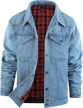 Men's Flannel Lined Denim Jackets Cowboy Cut Western Vintage Rugged Jean Trucker Jacket with Pockets