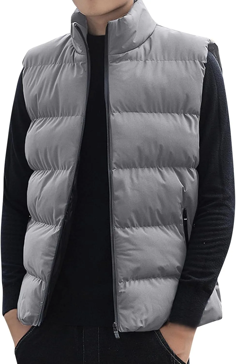 Men'S Puffer Vest Fashion Casual Solid Color Zipper Collar Pocket Hoodless Sleeveless Cotton Padded Canvas Vest For