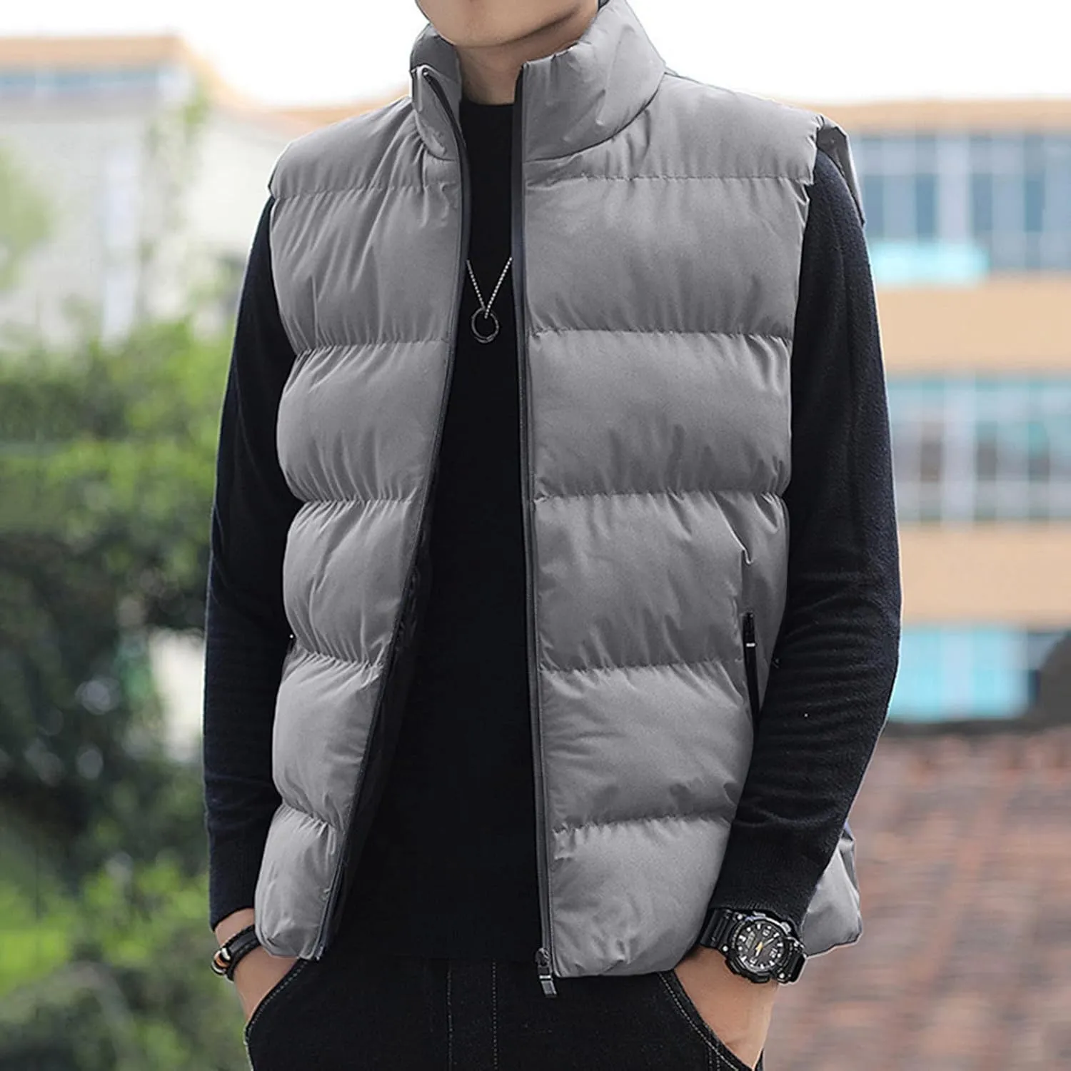 Men'S Puffer Vest Fashion Casual Solid Color Zipper Collar Pocket Hoodless Sleeveless Cotton Padded Canvas Vest For