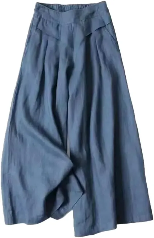 Meufam Women's Fashion Culottes Linen Cropped Wide Leg Pants Elastic Waist Casual Solid Trousers with Pockets