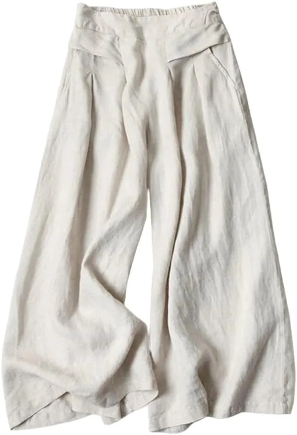 Meufam Women's Fashion Culottes Linen Cropped Wide Leg Pants Elastic Waist Casual Solid Trousers with Pockets