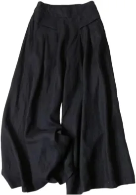 Meufam Women's Fashion Culottes Linen Cropped Wide Leg Pants Elastic Waist Casual Solid Trousers with Pockets