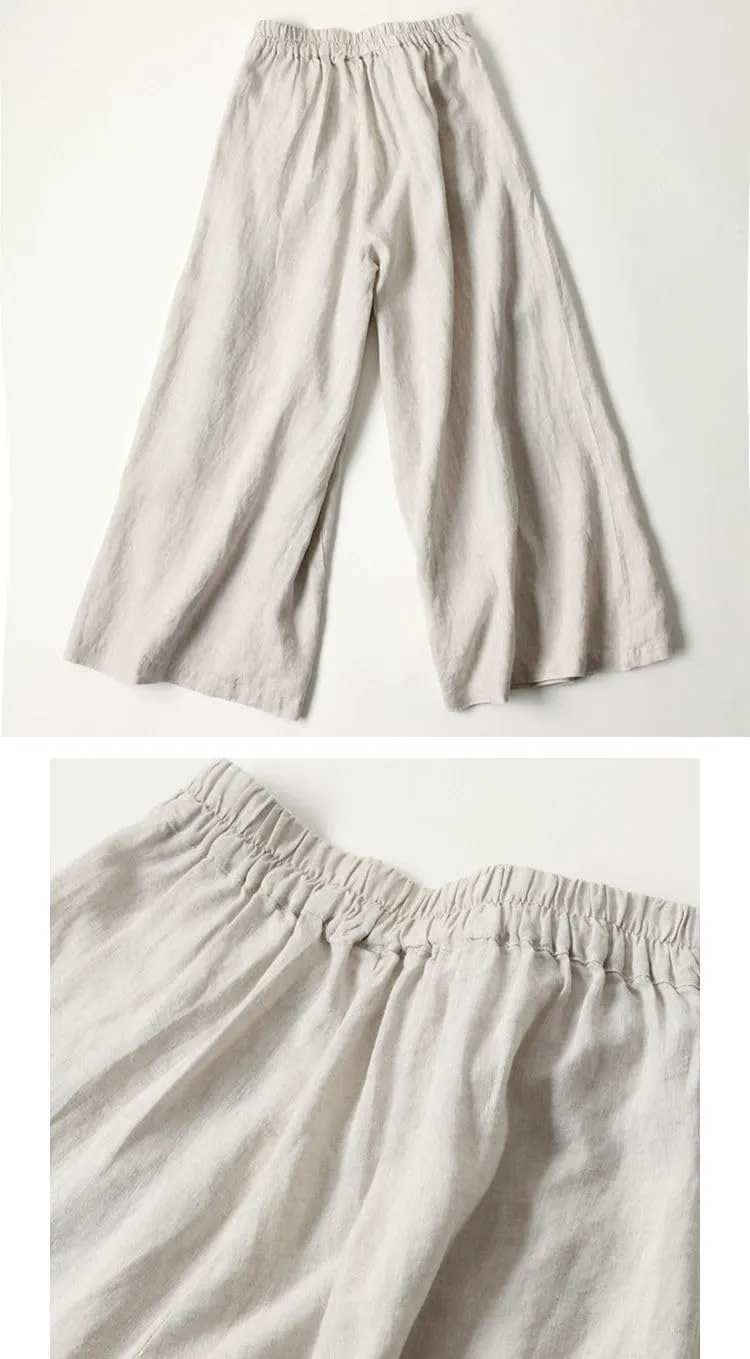 Meufam Women's Fashion Culottes Linen Cropped Wide Leg Pants Elastic Waist Casual Solid Trousers with Pockets