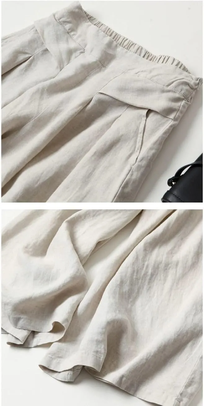 Meufam Women's Fashion Culottes Linen Cropped Wide Leg Pants Elastic Waist Casual Solid Trousers with Pockets