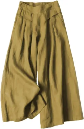 Meufam Women's Fashion Culottes Linen Cropped Wide Leg Pants Elastic Waist Casual Solid Trousers with Pockets