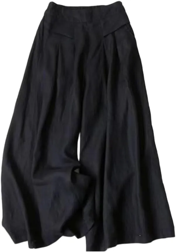 Meufam Women's Fashion Culottes Linen Cropped Wide Leg Pants Elastic Waist Casual Solid Trousers with Pockets