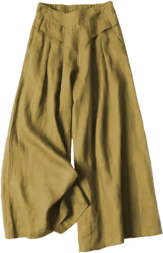 Meufam Women's Fashion Culottes Linen Cropped Wide Leg Pants Elastic Waist Casual Solid Trousers with Pockets