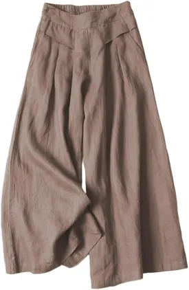 Meufam Women's Fashion Culottes Linen Cropped Wide Leg Pants Elastic Waist Casual Solid Trousers with Pockets