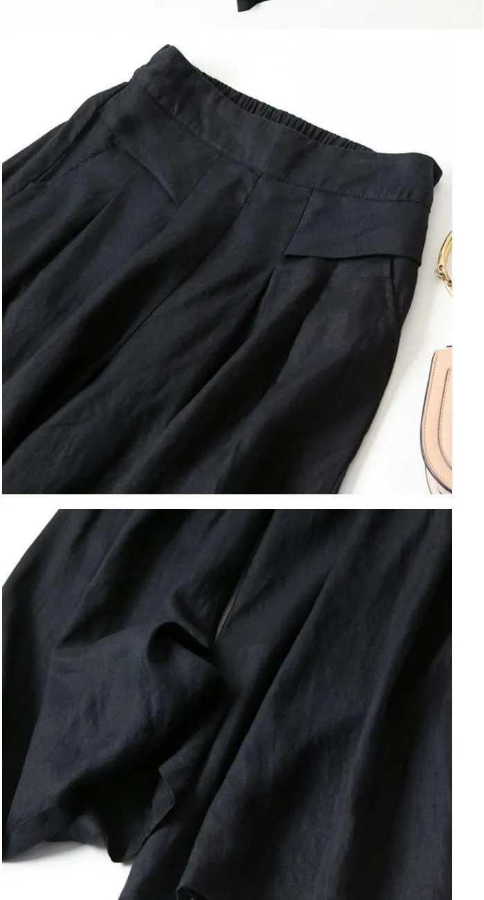 Meufam Women's Fashion Culottes Linen Cropped Wide Leg Pants Elastic Waist Casual Solid Trousers with Pockets