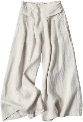 Meufam Women's Fashion Culottes Linen Cropped Wide Leg Pants Elastic Waist Casual Solid Trousers with Pockets