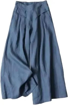 Meufam Women's Fashion Culottes Linen Cropped Wide Leg Pants Elastic Waist Casual Solid Trousers with Pockets