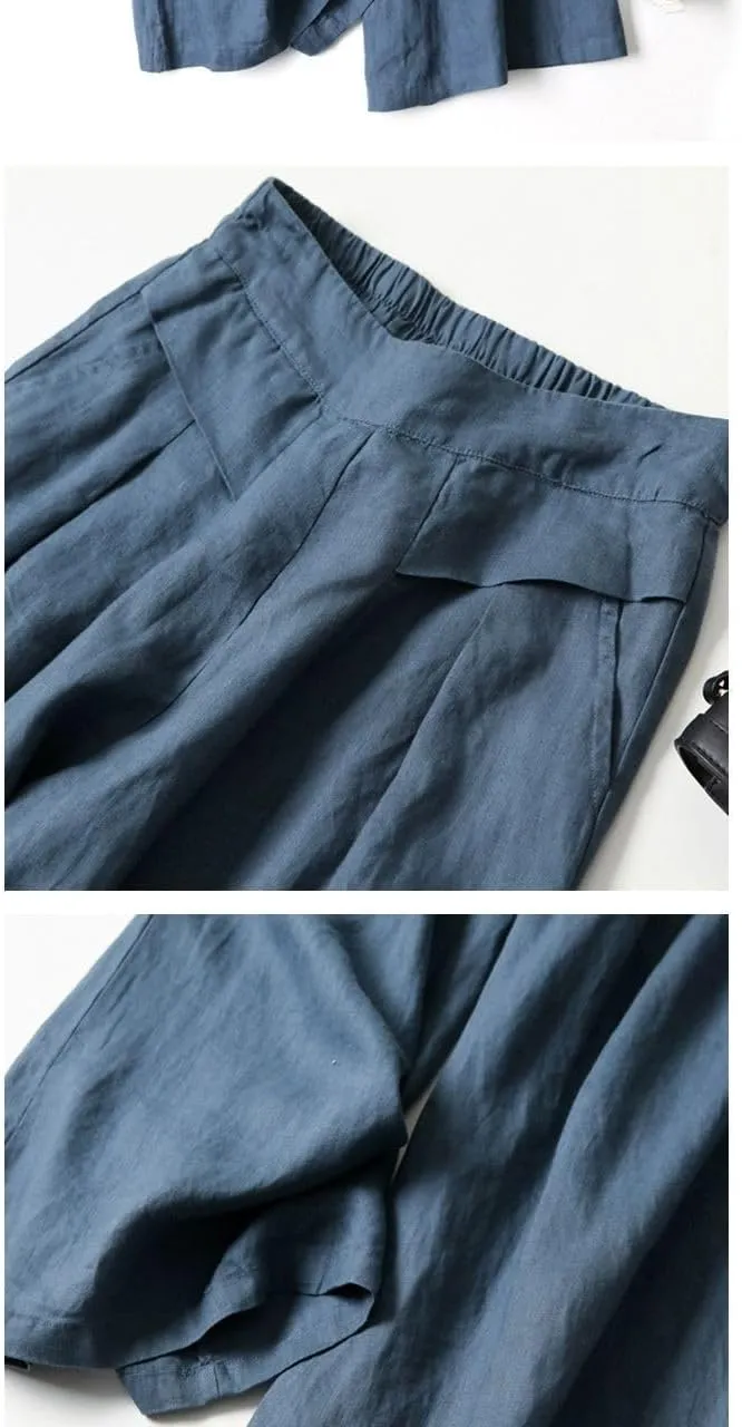Meufam Women's Fashion Culottes Linen Cropped Wide Leg Pants Elastic Waist Casual Solid Trousers with Pockets