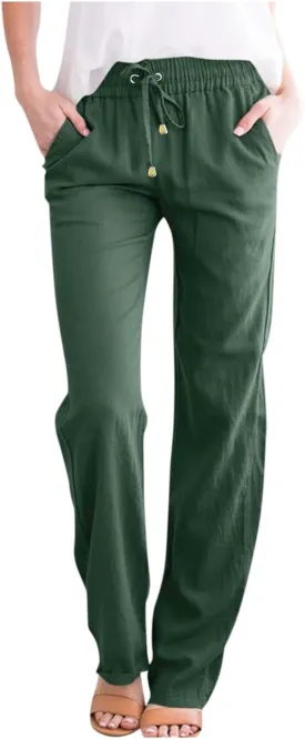 midelxp Cotton Linen Pants Women Summer Lightweight Drawstring Waist Lounge Pants Straight Leg Slim Fit Comfy Work Trousers