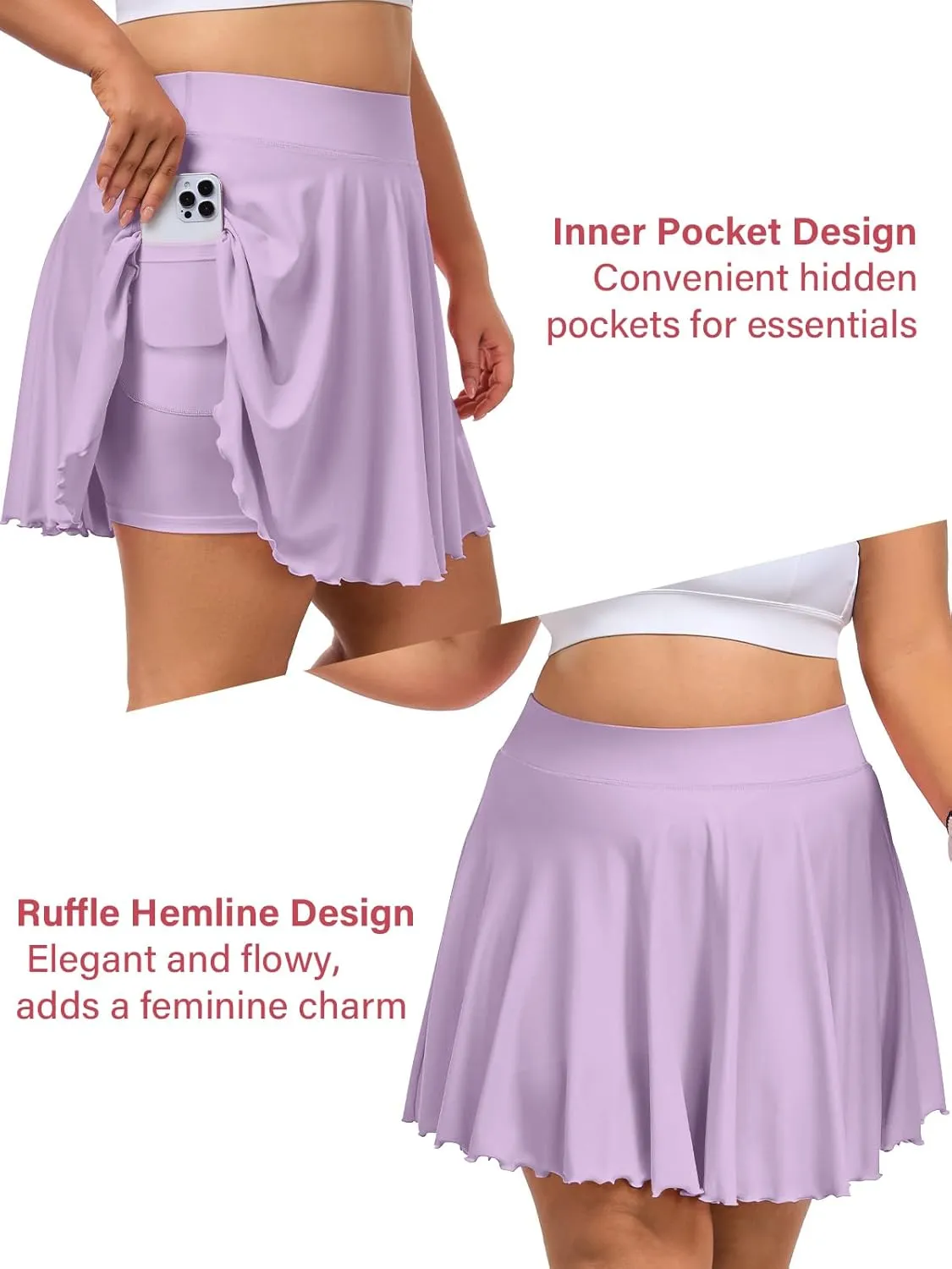 Moon Wood Women Plus Size Mini Skirt Casual Ruffle Mini Skirt Stretchy Tennis Skirt with Shorts