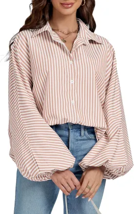 OPOIPIN Women's Striped Print Bishop Long Sleeve Collar V Neck Button Down Blouse Shirt Top