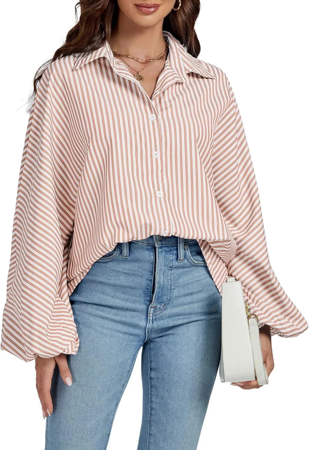 OPOIPIN Women's Striped Print Bishop Long Sleeve Collar V Neck Button Down Blouse Shirt Top
