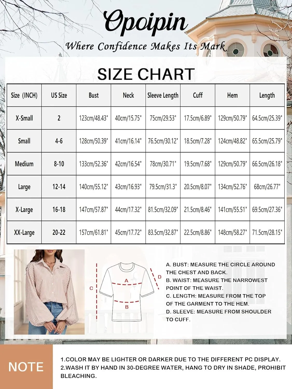OPOIPIN Women's Striped Print Bishop Long Sleeve Collar V Neck Button Down Blouse Shirt Top