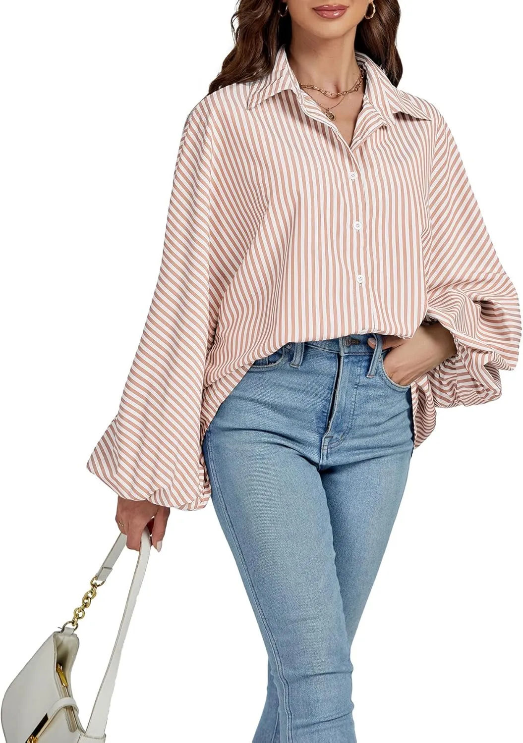 OPOIPIN Women's Striped Print Bishop Long Sleeve Collar V Neck Button Down Blouse Shirt Top