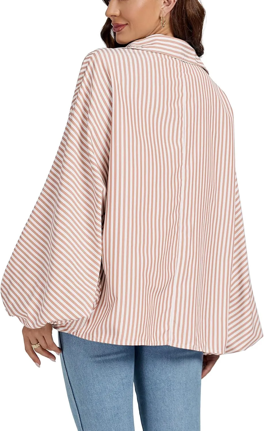 OPOIPIN Women's Striped Print Bishop Long Sleeve Collar V Neck Button Down Blouse Shirt Top