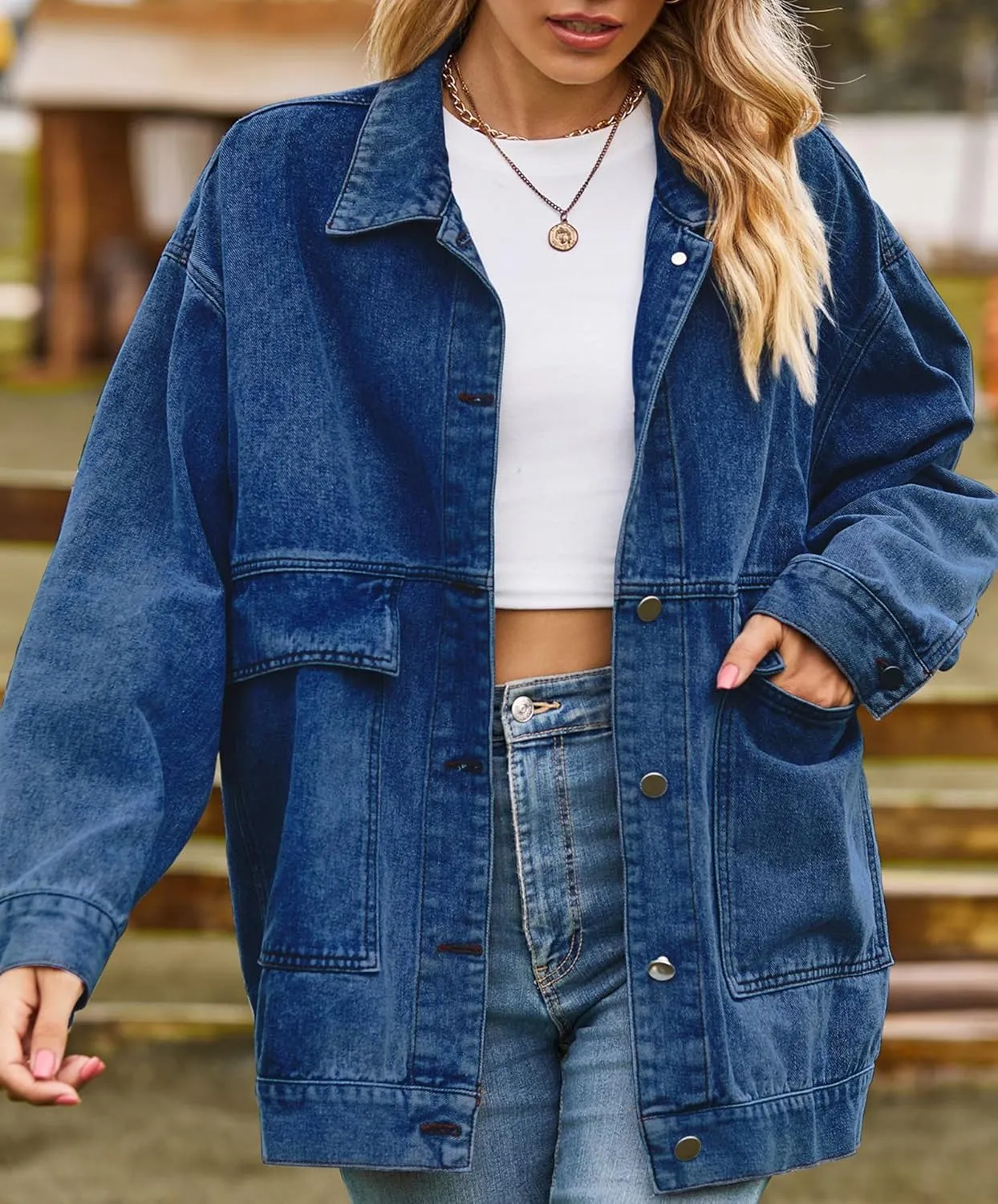 PAODIKUAI Women's Oversized Denim Jacket Casual Long Sleeve Vintage Jean Jacket Top Coat with Pockets