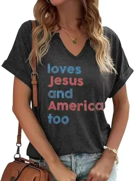 Patriotic V Neck Shirts 4th of July for Women American Flag Graphic Tee Casual Color Block Short Sleeve Summer Tops
