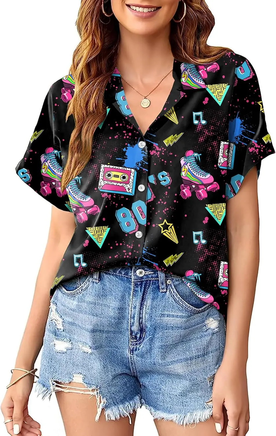 PECHAR 80s 90s Hawaiian Shirt for Women Retro Party Disco Neon Outfits 80s Clothing Button Down Blouses