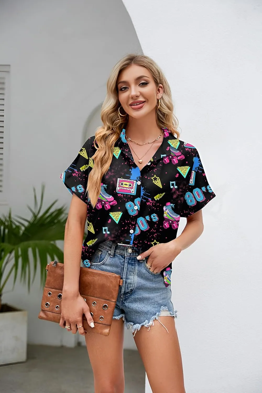 PECHAR 80s 90s Hawaiian Shirt for Women Retro Party Disco Neon Outfits 80s Clothing Button Down Blouses