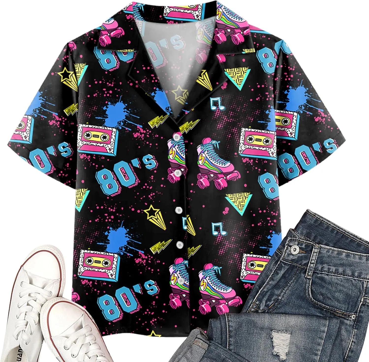 PECHAR 80s 90s Hawaiian Shirt for Women Retro Party Disco Neon Outfits 80s Clothing Button Down Blouses