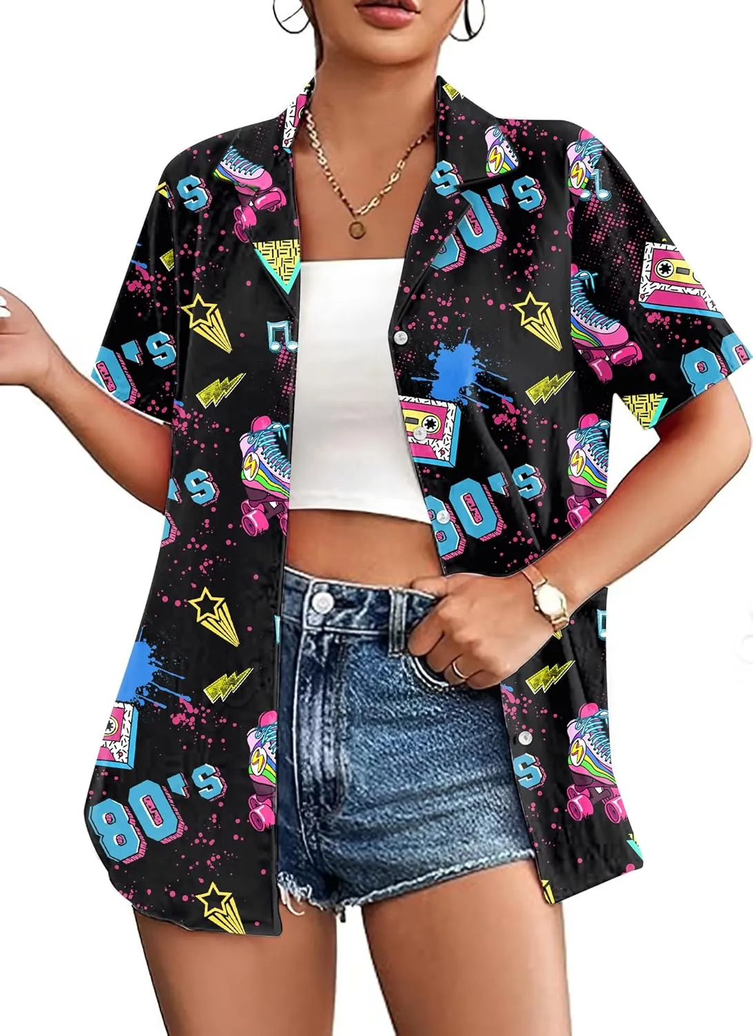 PECHAR 80s 90s Hawaiian Shirt for Women Retro Party Disco Neon Outfits 80s Clothing Button Down Blouses