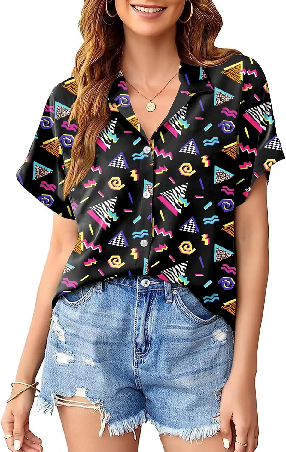 PECHAR 80s 90s Hawaiian Shirt for Women Retro Party Disco Neon Outfits 80s Clothing Button Down Blouses
