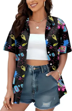 PECHAR 80s 90s Hawaiian Shirt for Women Retro Party Disco Neon Outfits 80s Clothing Button Down Blouses