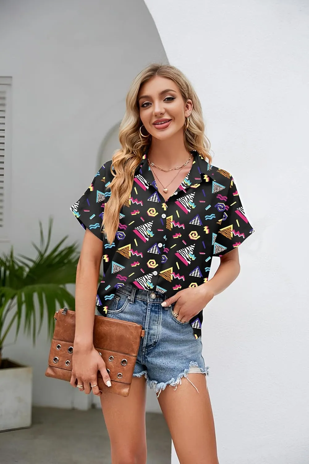 PECHAR 80s 90s Hawaiian Shirt for Women Retro Party Disco Neon Outfits 80s Clothing Button Down Blouses