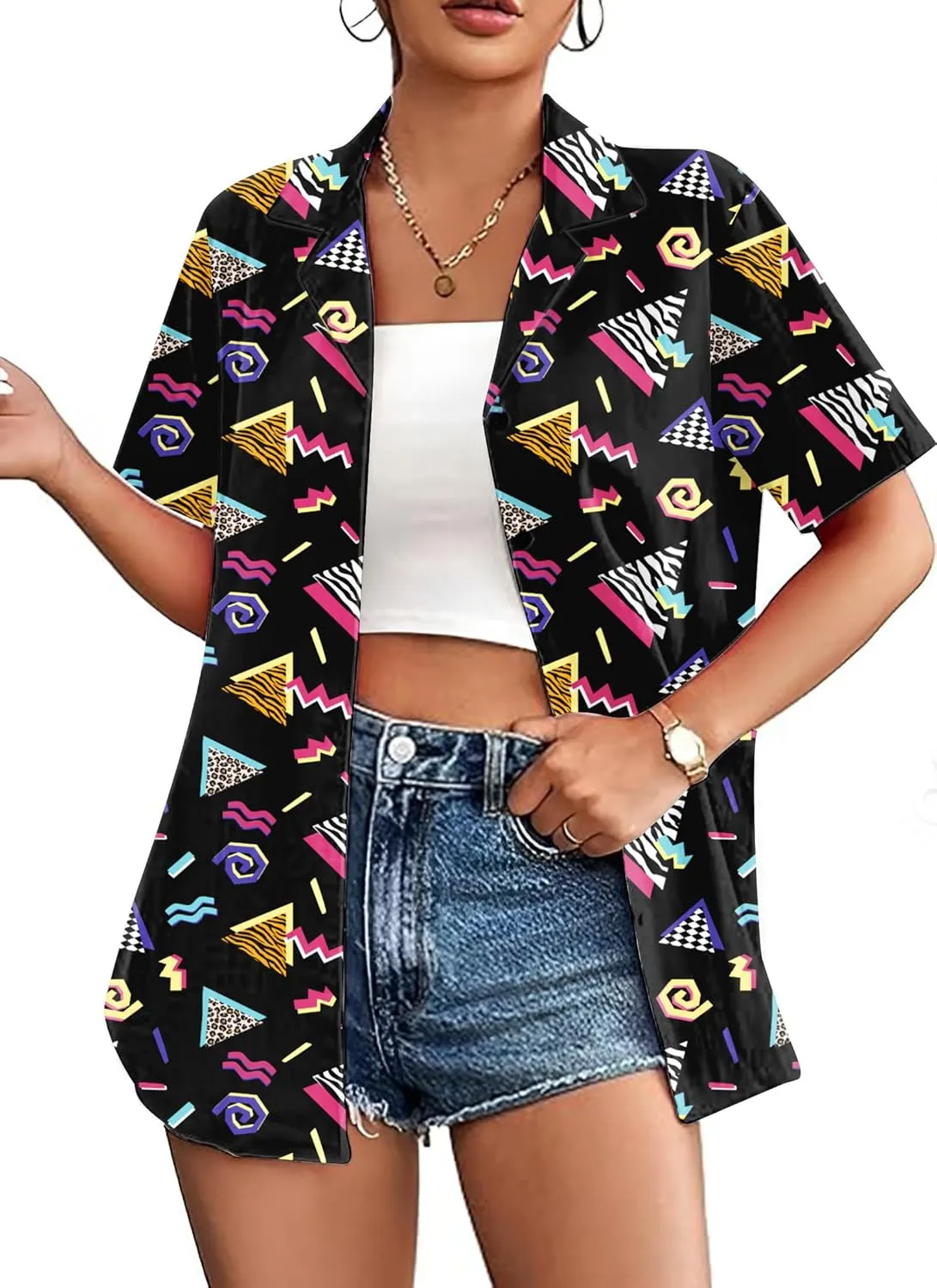 PECHAR 80s 90s Hawaiian Shirt for Women Retro Party Disco Neon Outfits 80s Clothing Button Down Blouses