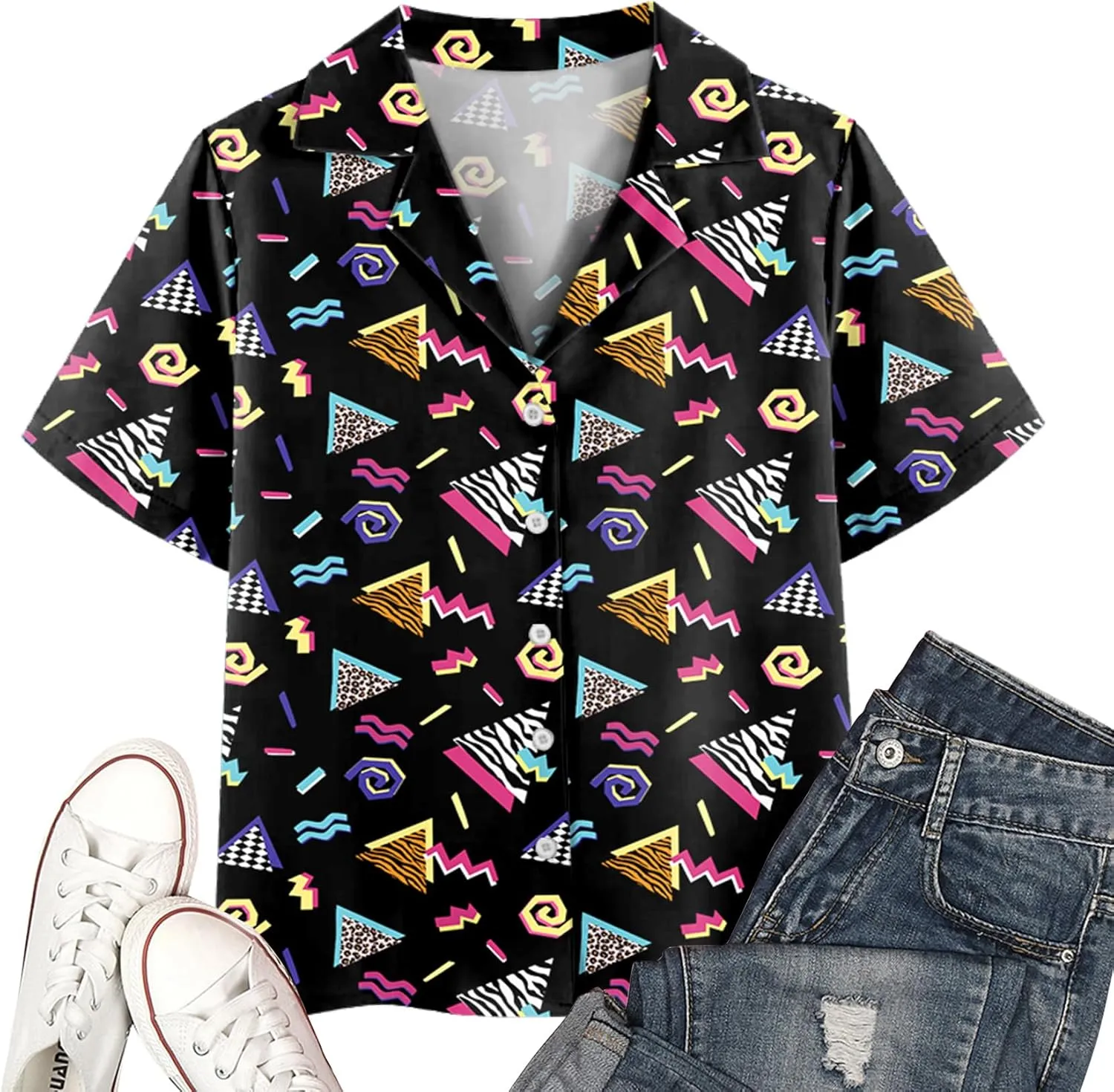 PECHAR 80s 90s Hawaiian Shirt for Women Retro Party Disco Neon Outfits 80s Clothing Button Down Blouses