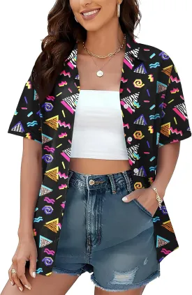 PECHAR 80s 90s Hawaiian Shirt for Women Retro Party Disco Neon Outfits 80s Clothing Button Down Blouses