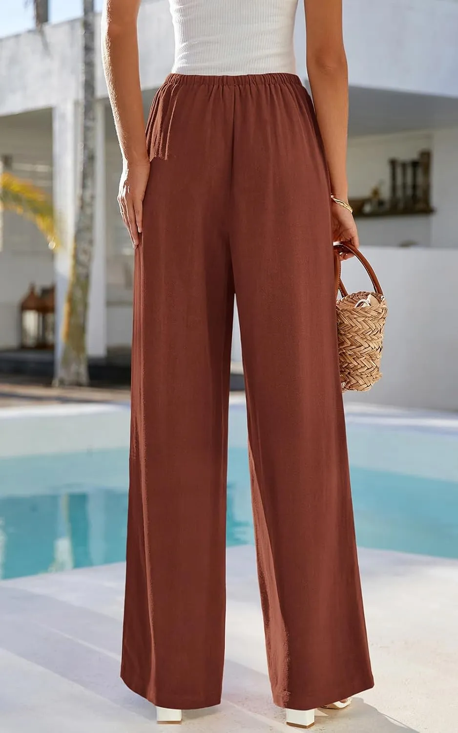 PRETTYGARDEN Summer Wide Leg Linen Pants Women with Pockets High Waist Drawstring Loose Casual Palazzo Lounge Pants Women
