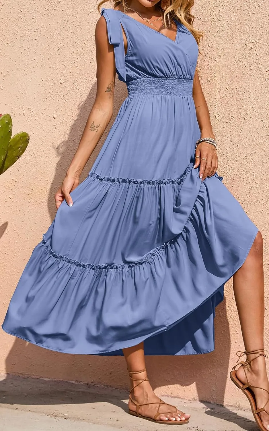 PRETTYGARDEN Women's Cross Neck Summer Sleeveless Tiered Maxi Dress Beach Tie Strap Smocked Long Dresses Pleated Sundress
