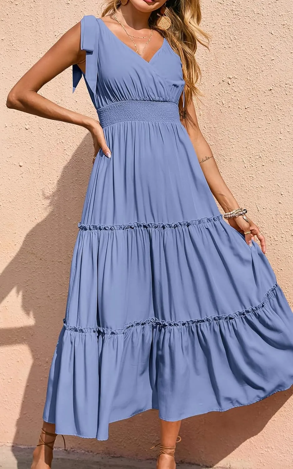PRETTYGARDEN Women's Cross Neck Summer Sleeveless Tiered Maxi Dress Beach Tie Strap Smocked Long Dresses Pleated Sundress