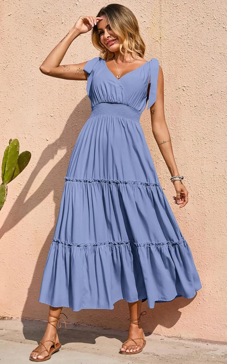 PRETTYGARDEN Women's Cross Neck Summer Sleeveless Tiered Maxi Dress Beach Tie Strap Smocked Long Dresses Pleated Sundress