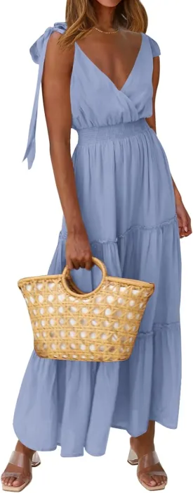 PRETTYGARDEN Women's Cross Neck Summer Sleeveless Tiered Maxi Dress Beach Tie Strap Smocked Long Dresses Pleated Sundress