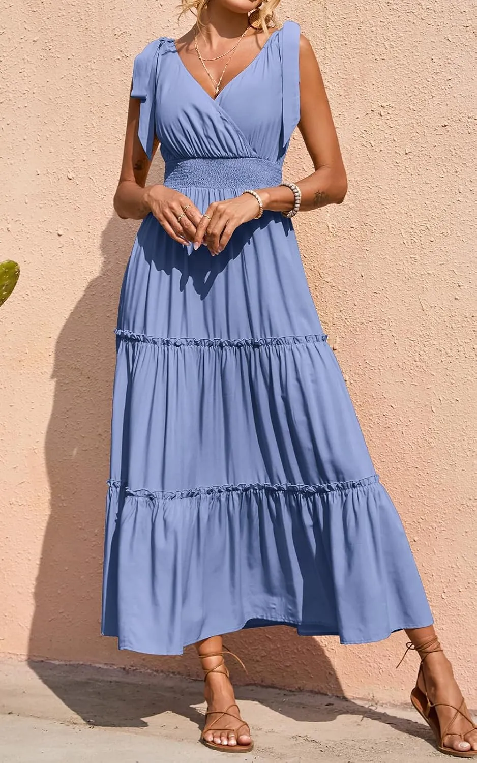 PRETTYGARDEN Women's Cross Neck Summer Sleeveless Tiered Maxi Dress Beach Tie Strap Smocked Long Dresses Pleated Sundress
